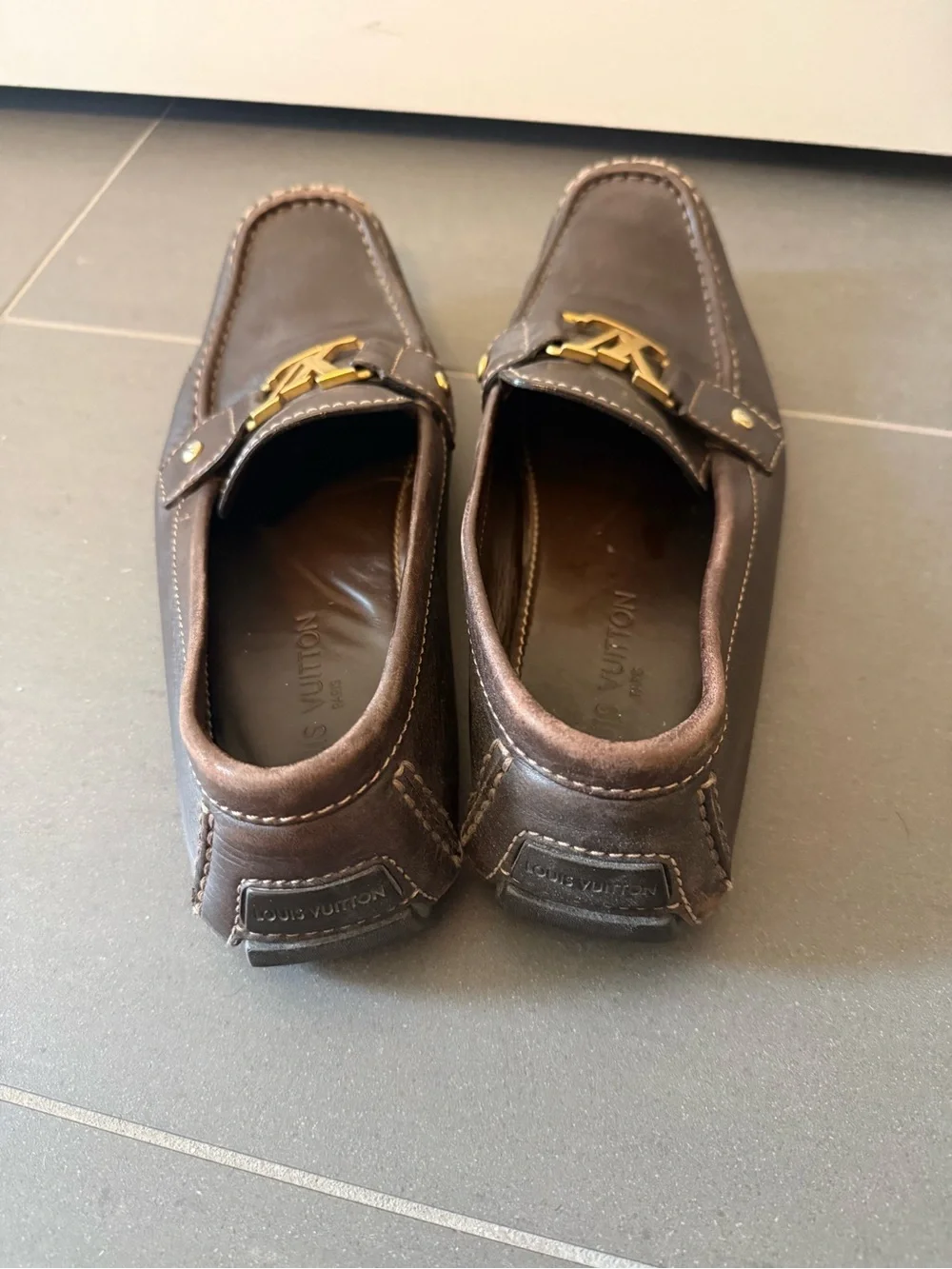 Louis Vuitton Dark Brown Leather Loafers with Gold LV Hardware